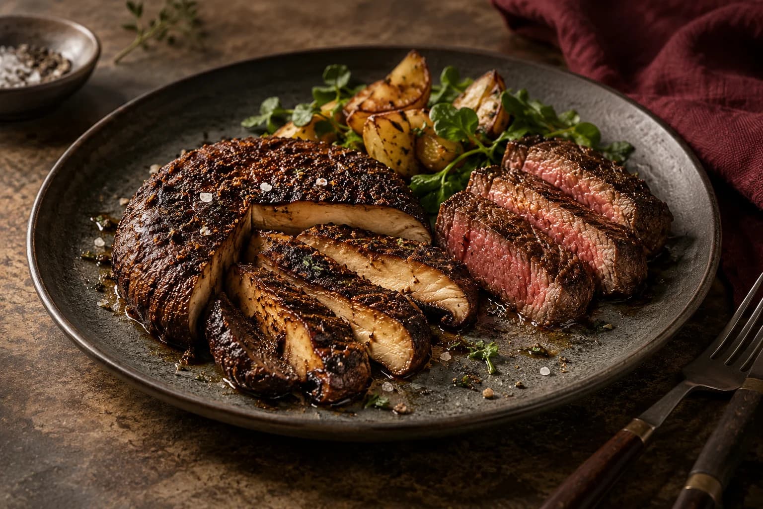 Grilled portobello mushrooms and sliced steak with a dark spice crust
