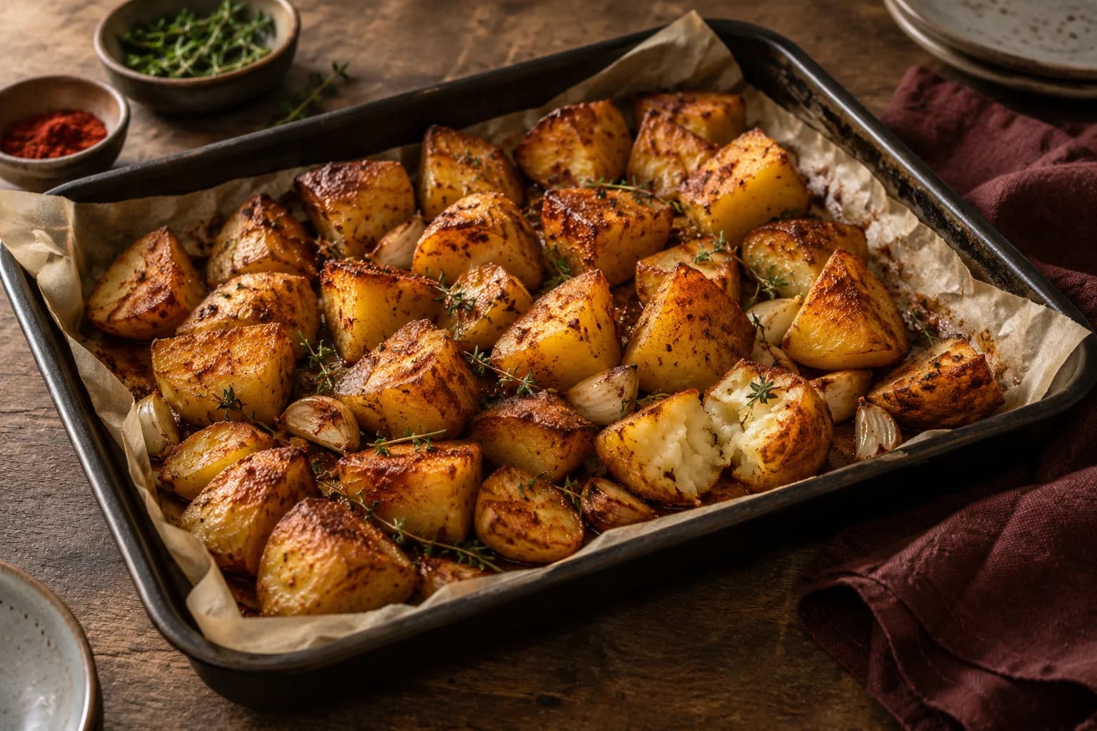 Crisp paprika roast potatoes in a dark roasting tray