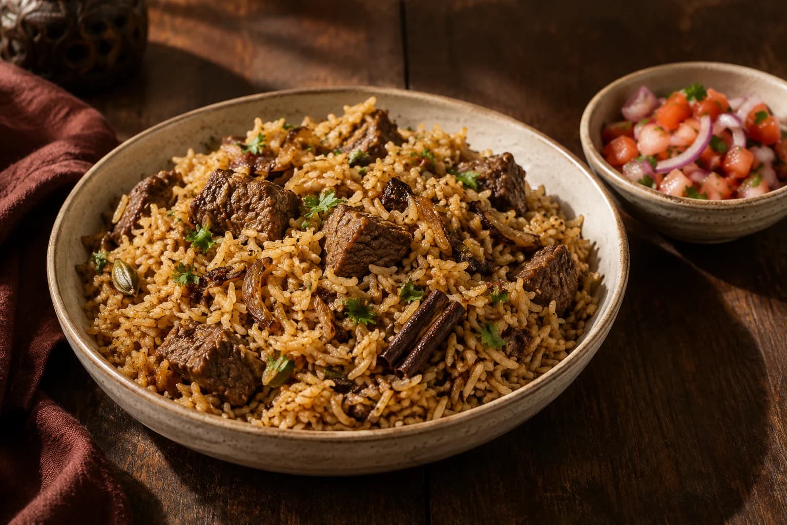 Beef pilau with spiced rice and tomato and onion kachumbari