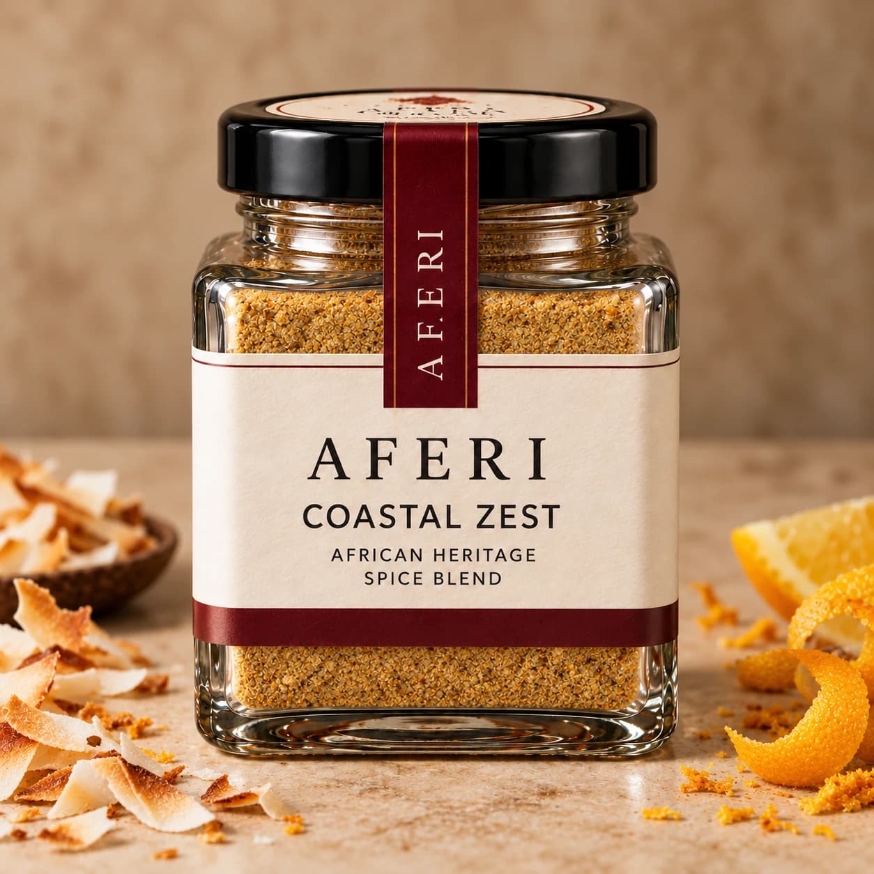 Coastal Zest in the Aferi square glass jar with ivory label and oxblood tamper seal
