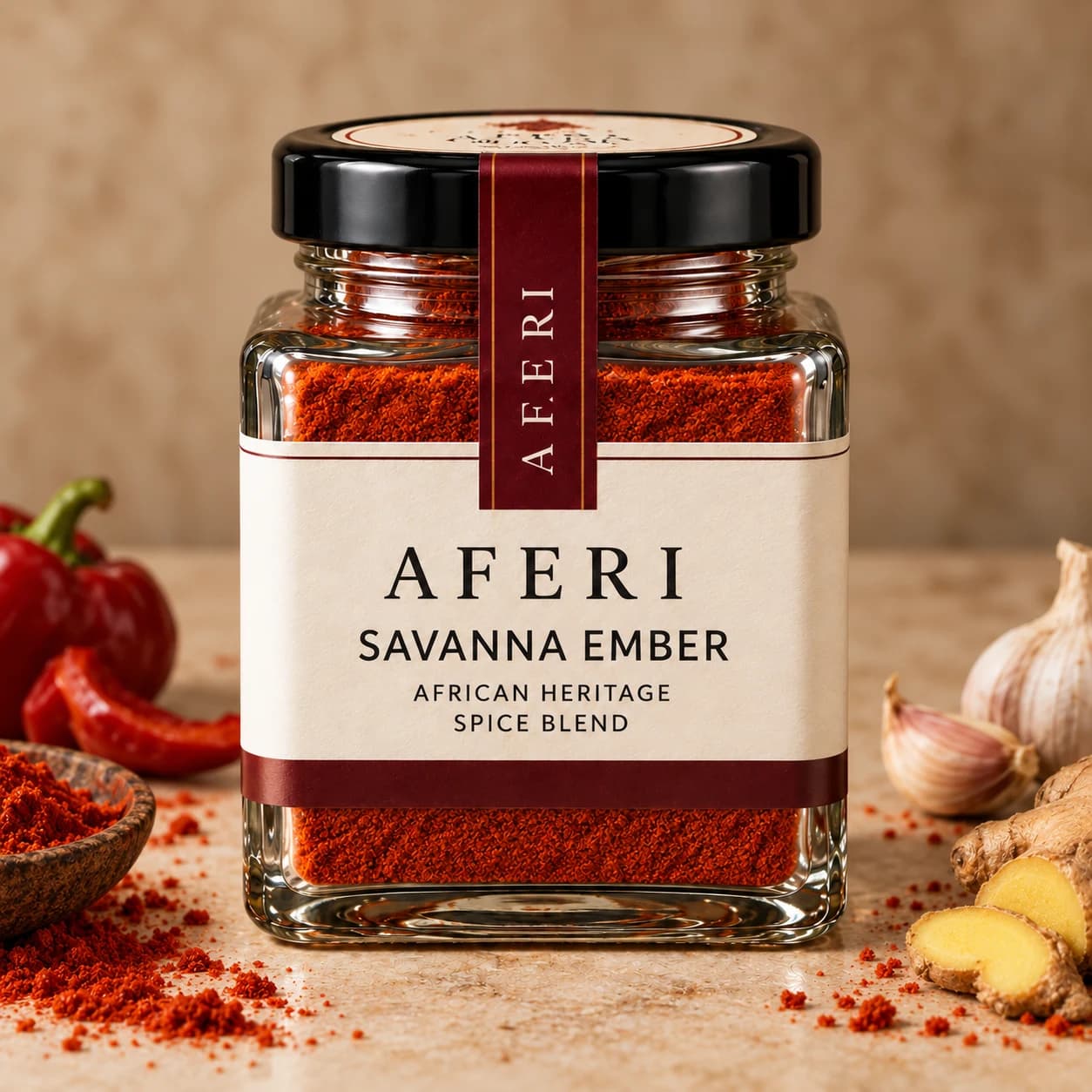 Savanna Ember in the Aferi square glass jar with ivory label and oxblood tamper seal