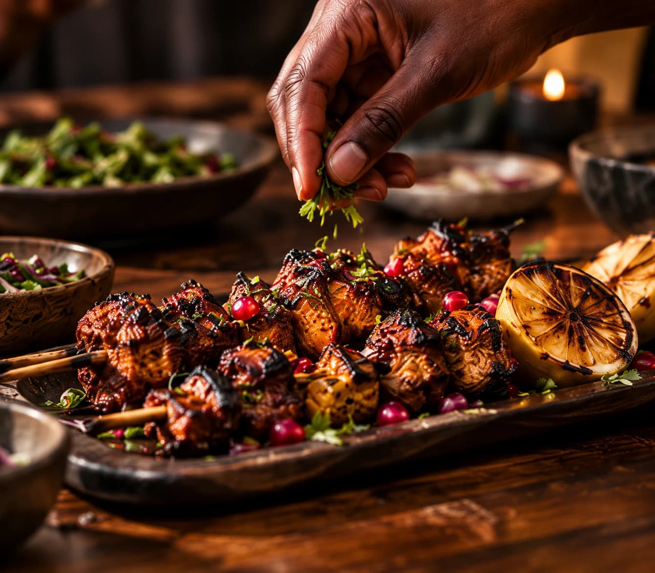 Spice being scattered over grilled food at a shared table